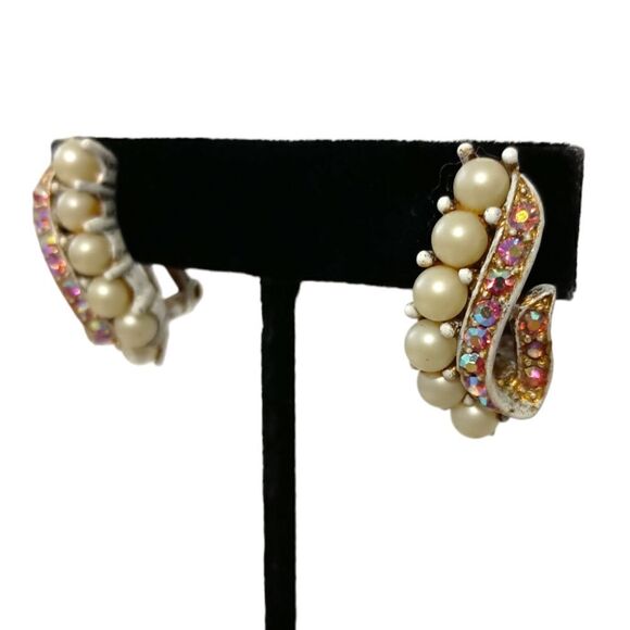 LEDO AB Pink Crystal Earrings Beaded White Washed Metal Vintage Clip On Sparkly. - Picture 14 of 16